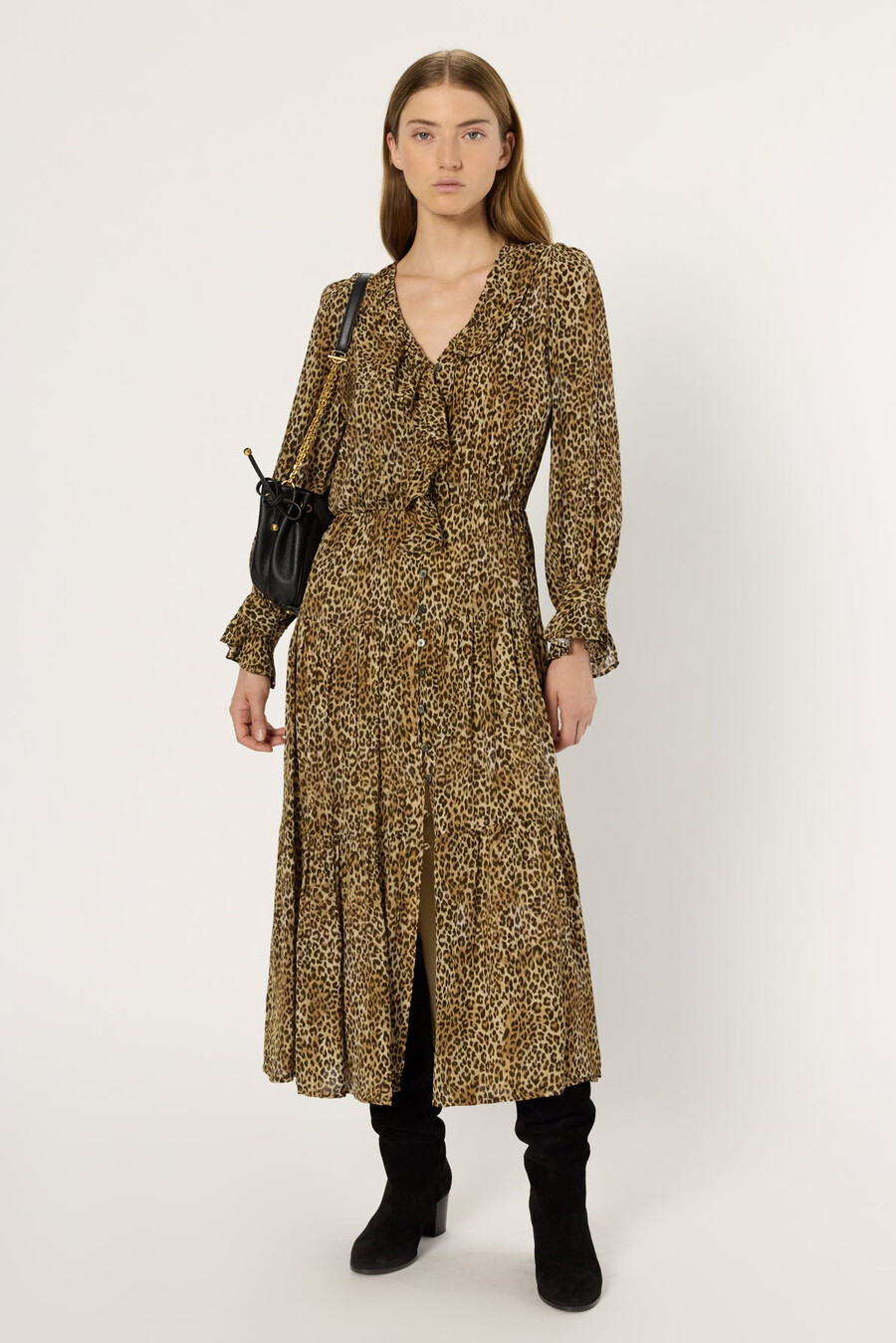 vestido largo de leopardo con volantes - lyza
