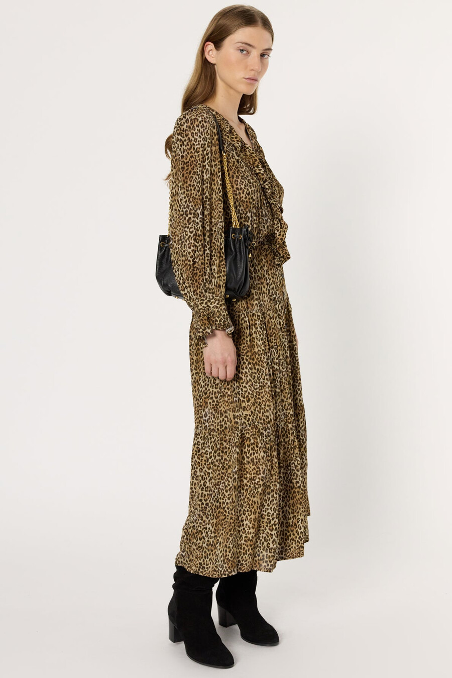 vestido largo de leopardo con volantes - lyza