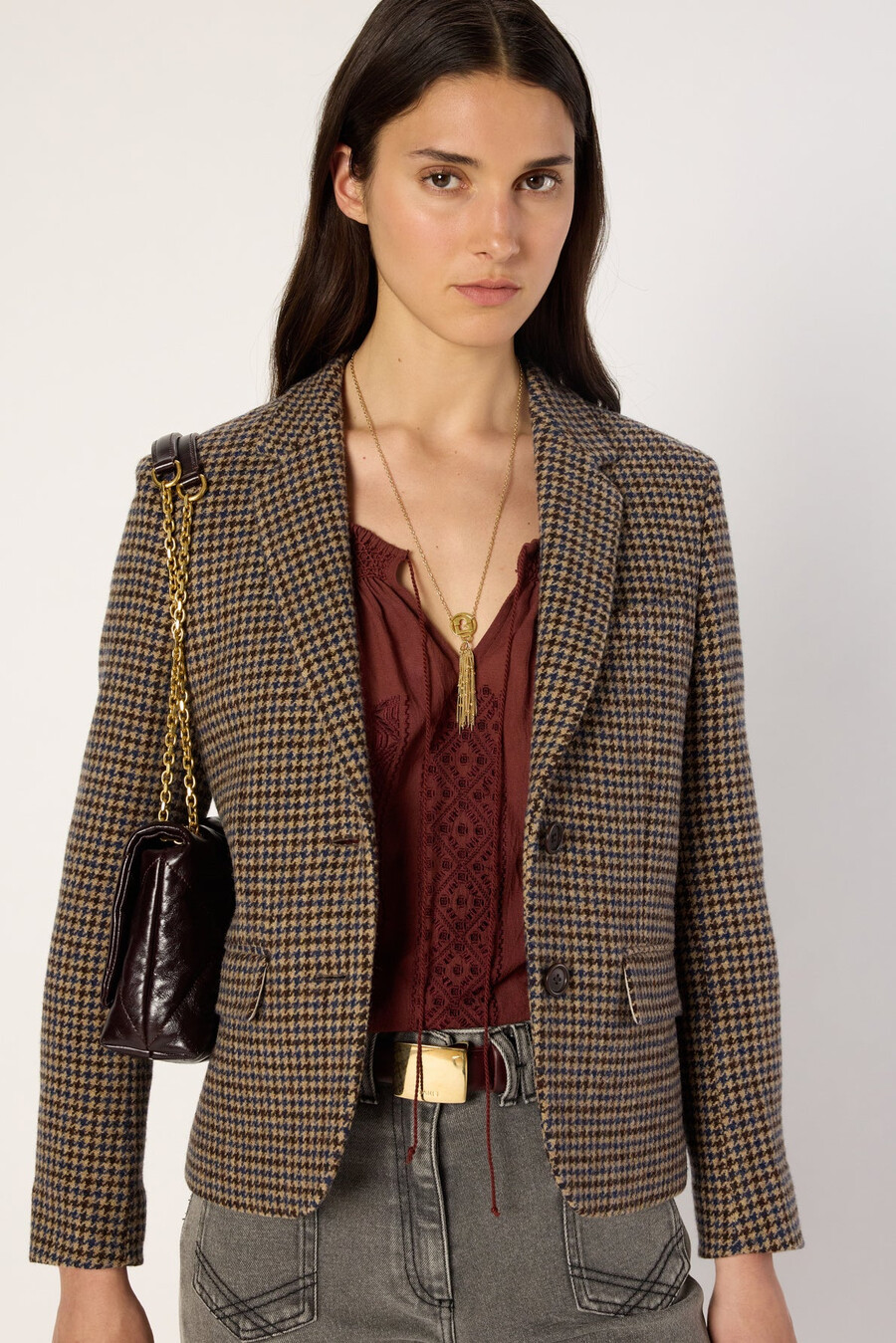 blazer grande de lana con estampado pata de gallo - nathane