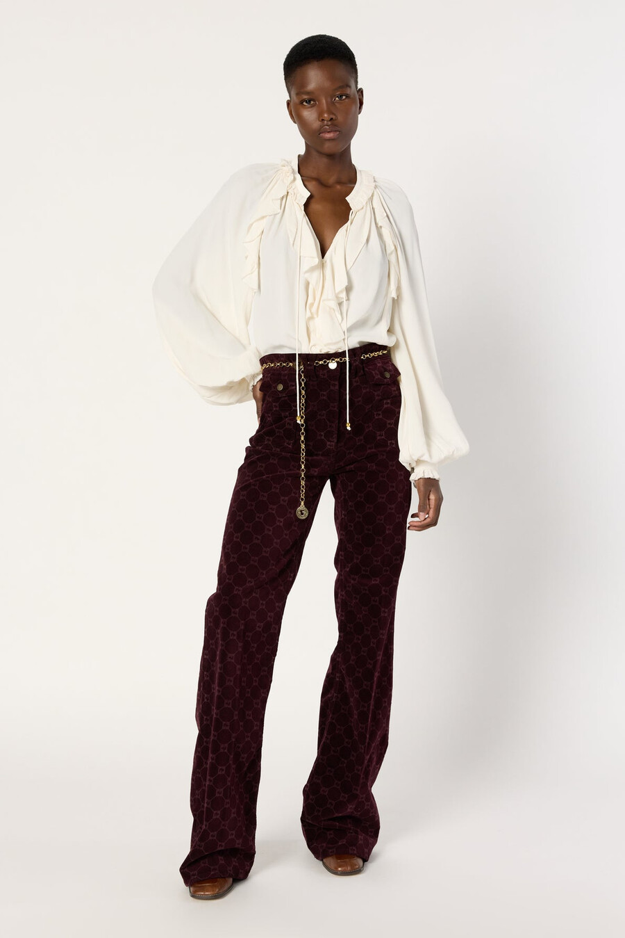 pantalones acampanados de terciopelo con monograma - anna